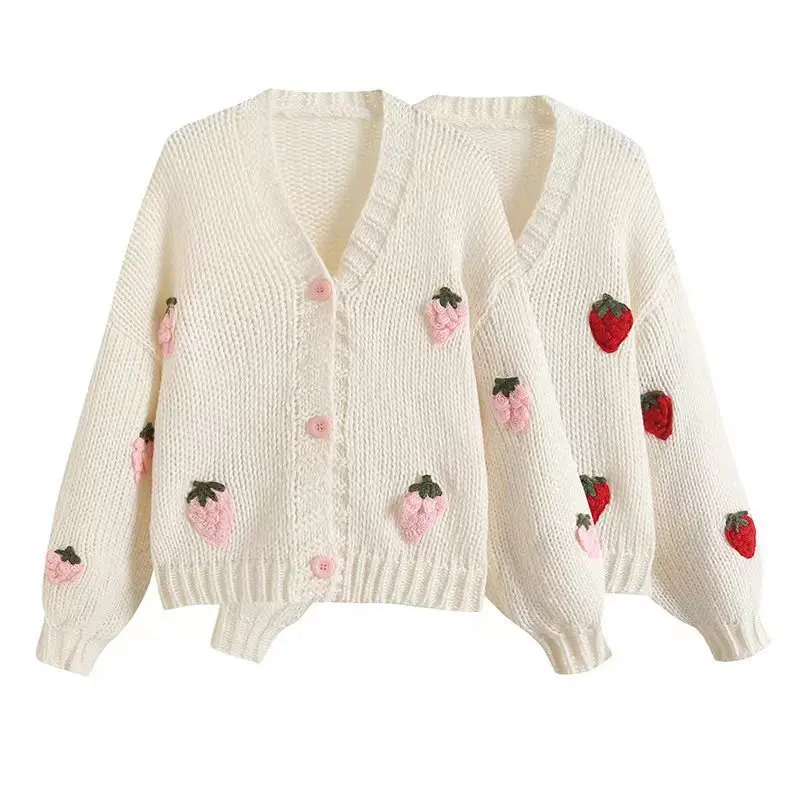 Autumn Style V-neck Knitted Cardigan Fashion Gentle Sweet Girl Strawberry Short Sweater