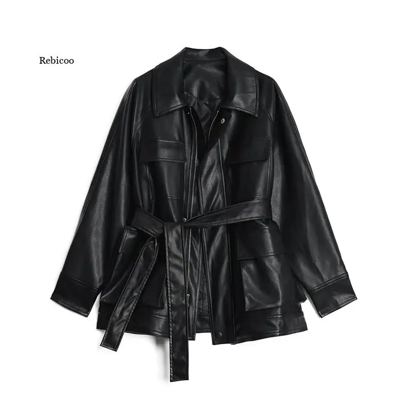 Mid-length Black PU Coats Women Faux Leather Jacket Autumn Vintage Motor Biker Jackets Elegant With Belt Waist Big Pockets Coats