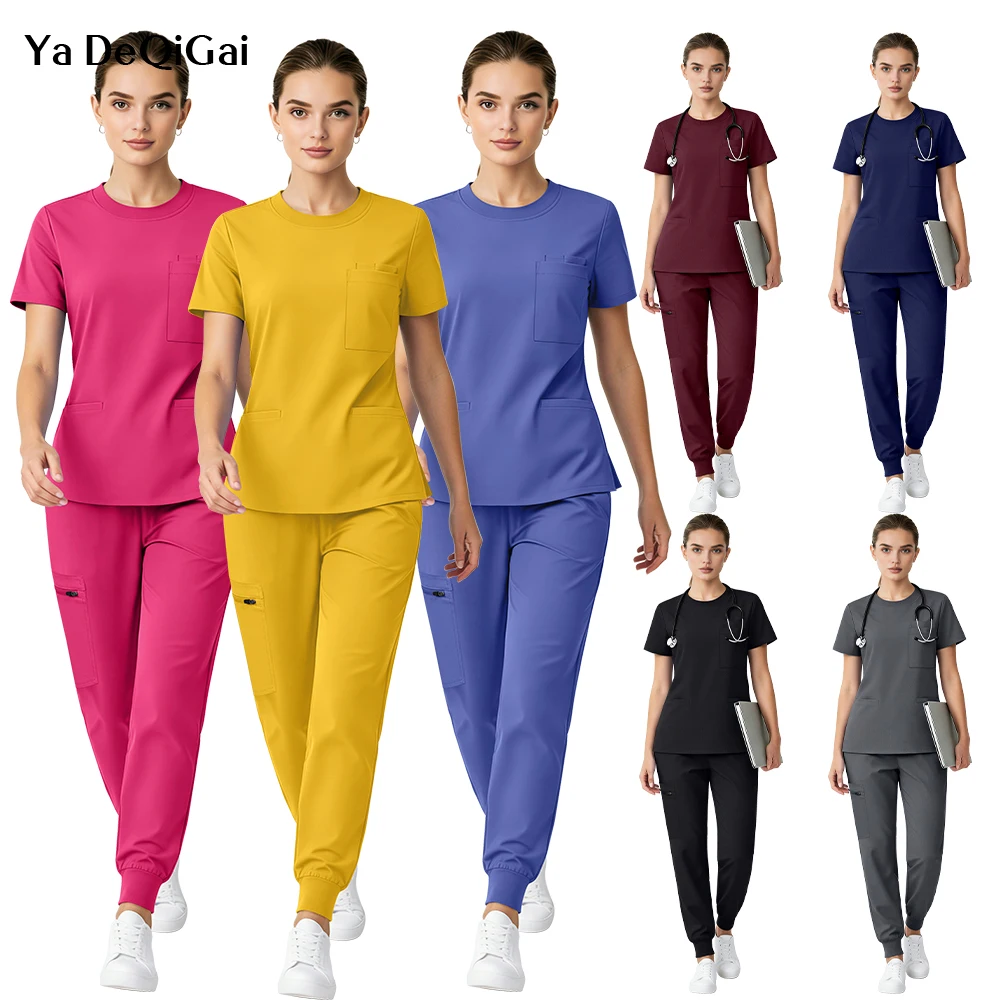 Ensemble de tenues professionnelles médicales en gros pour cliniques : Blouse à col rond et pantalon de jogging pour médecins, dentistes, infirmières et personnel de pharmacie