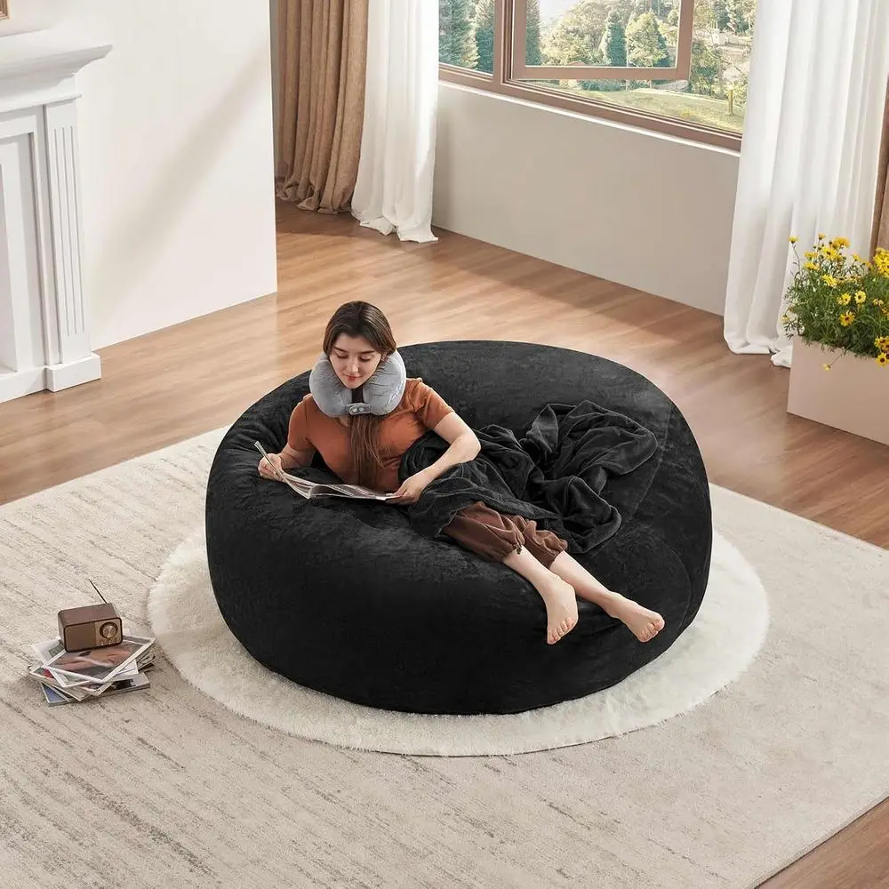 Big Bean Bag Chair 5t Memory oam or Adults, Giant Lounge, Black | Memory oam iller, Removable Washable lannel Cover, Big Bean Ba