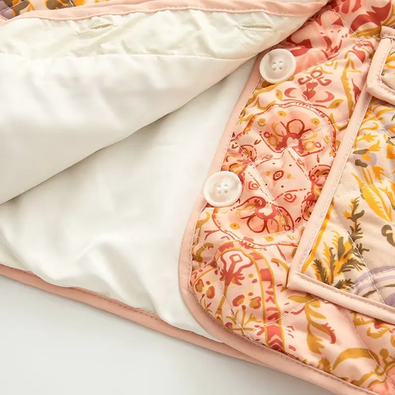 Modny bawełniany płaszcz damski z nadrukiem, stójką, luźny krój, styl francuski, długi rękaw, idealny na jesień i zimę.