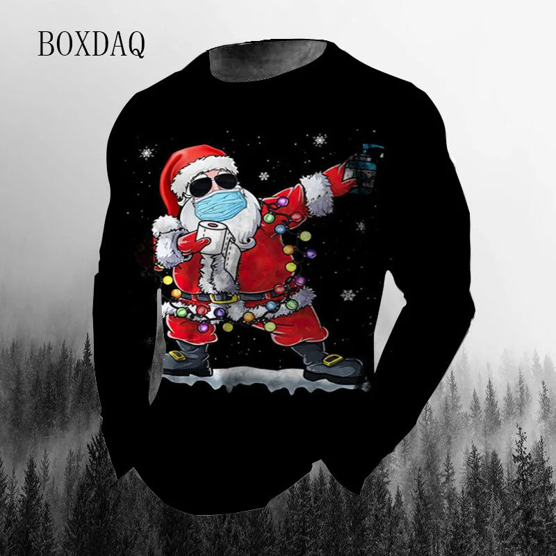 Santa Claus Pattern Men\'s Fashion T-shirts Autumn Winter Long Sleeve Cotton Christmas Tops 6XL Big Size Man Clothing Street Tees