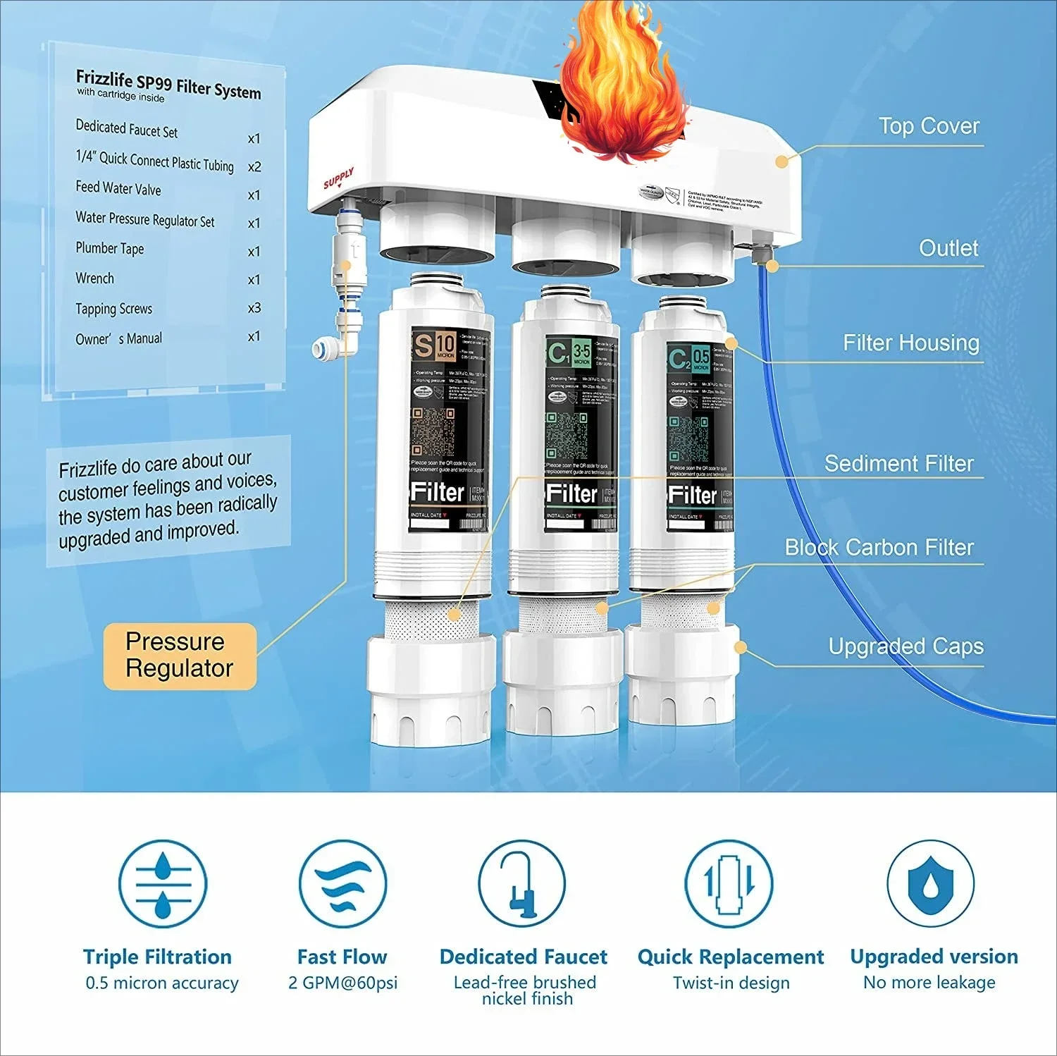 

Under Sink Water Filter System with Brushed Nickel Faucet SP99-NEW, NSF/ANSI 42&53 Certified 3-Stage 0.5 Micron Removes Lead