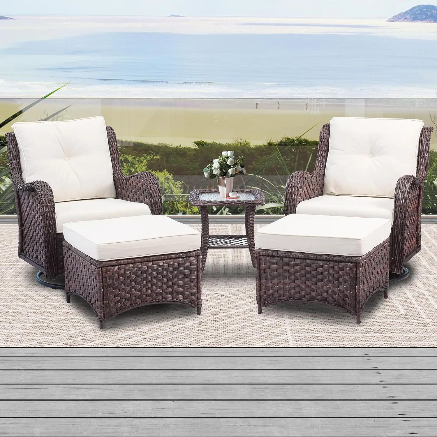 

5 Pieces Outdoor Patio Furniture Set, Rattan Wicker Swivel Rocker Chairs Sets with Ottomans, Swivel Glider Chairs, and Table