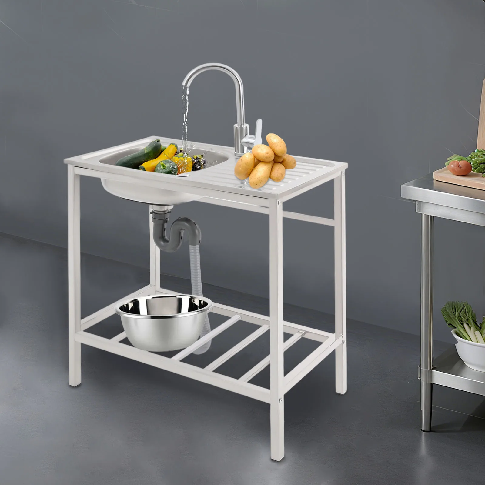 

Stainless Steel Sink with Operation Countertop 30kg Capacity Single Bowl Sink 360° Faucet Adjustable Angle Free Standing Sink