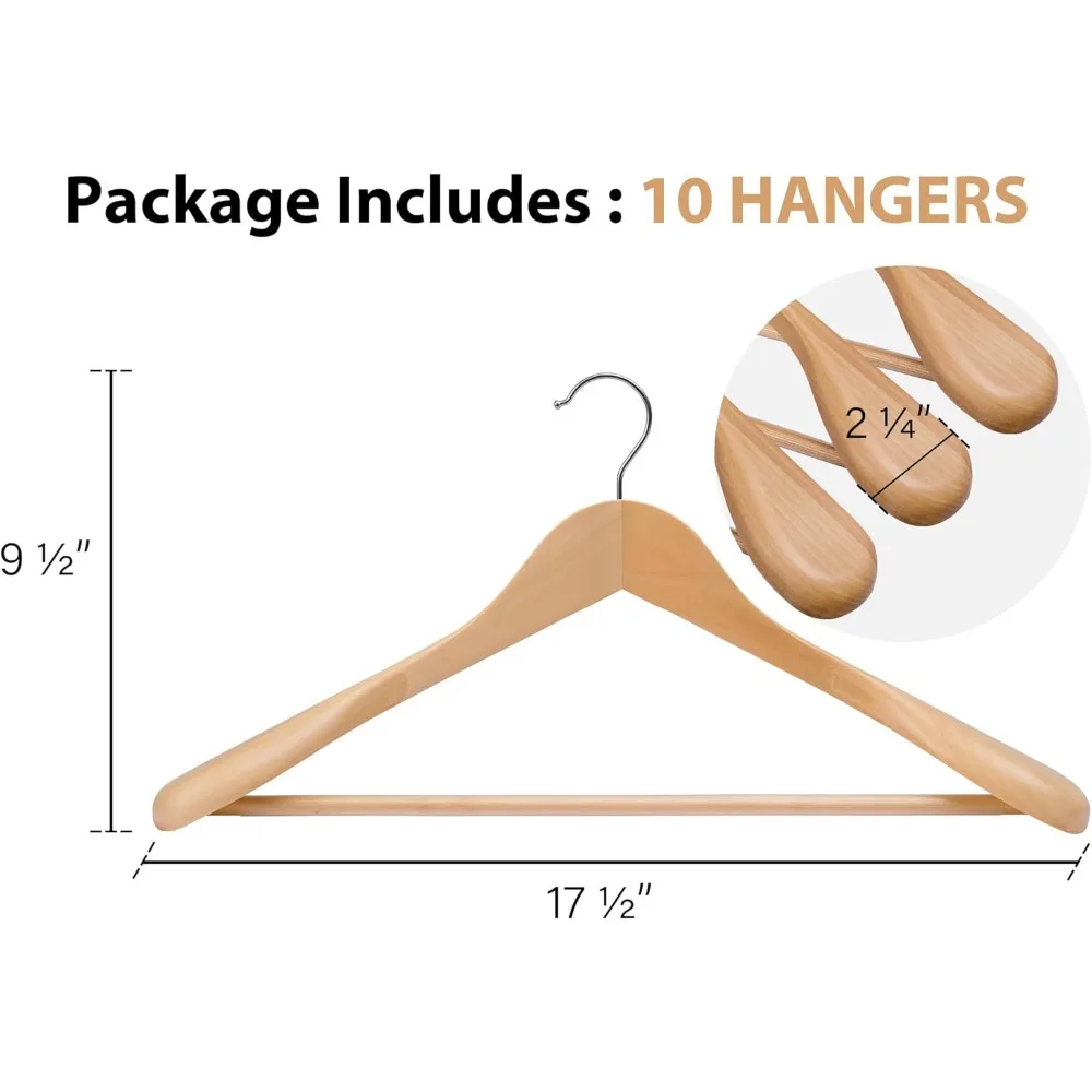 StorageWorks Extra Wide Shoulder Wooden Hangers, 10 Pack Heavy Duty Suit Hangers for Closet, Natural Wood Hanger for Coats