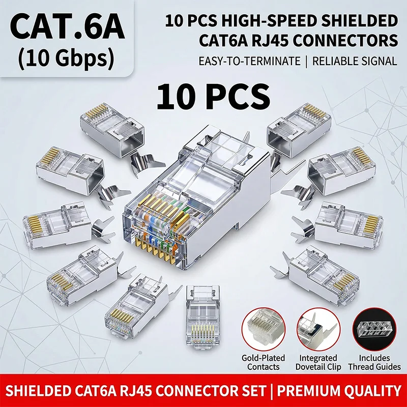 Cat6A Pass Through RJ45 Connector Plug, Shielded 10Gbps Modular Plug for Ethernet Cable Termination Cat6 Cat6A Compatible