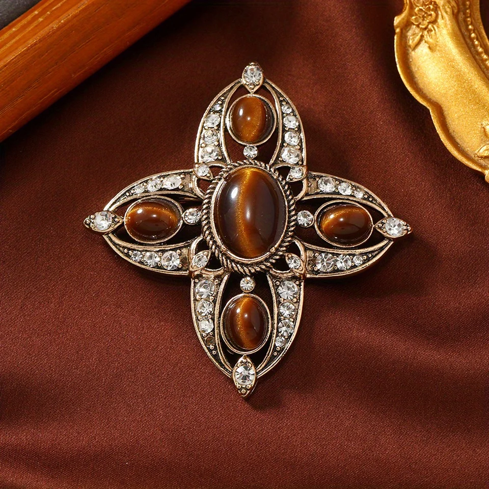 Broche Retro con Cruz de Diamantes de Imitación - Elegante Estilo Geométrico Barroco, Joyería de Moda para Mujer, para Ocasiones Formales, Regalo Ideal