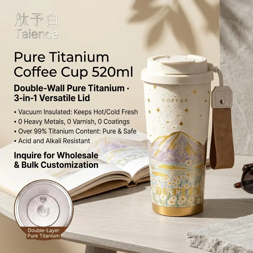 Taience Titanium Coffee Cup 520ml Insulated Tumbler with Straw 3 in 1 Lid Lightweight Leak Proof Gift Box for Travel Office