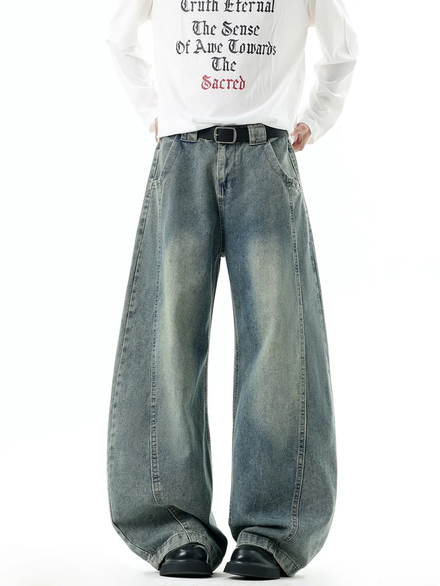 

Мужские джинсы в стиле ретро, синие, широкие, повседневные, свободного кроя, весенние, в американском уличном стиле, удлиненные, винтажные, из потертого денима