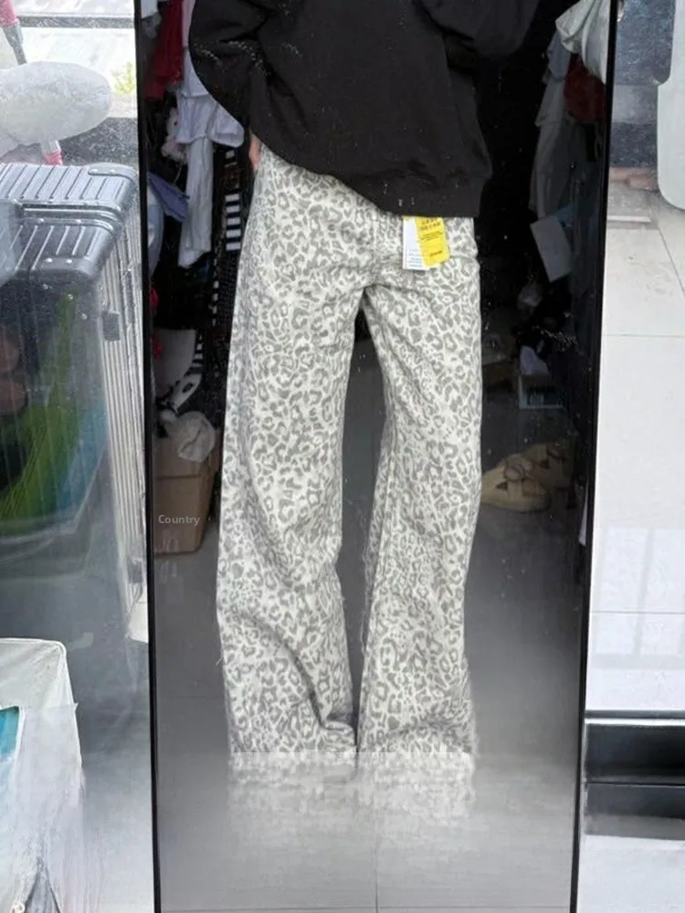 대형 사이즈 아메리칸 슬레 웨드 레오파드 프린트 청바지 여성용 가을 겨울 루즈 스트레이트 레깅스 레트로 슬리밍 팬츠