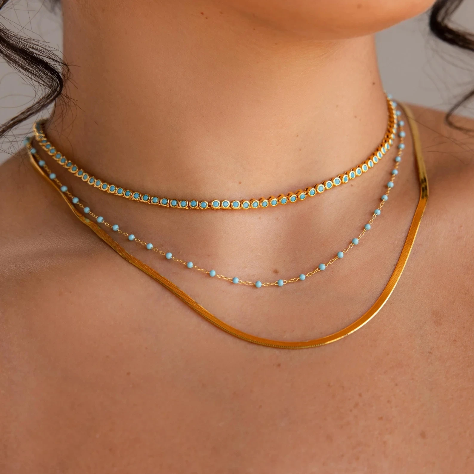 Gold Color Tennis Chain Women High Quality Jewelry Geometric Round Blue Turquoises Stone Choker Necklace