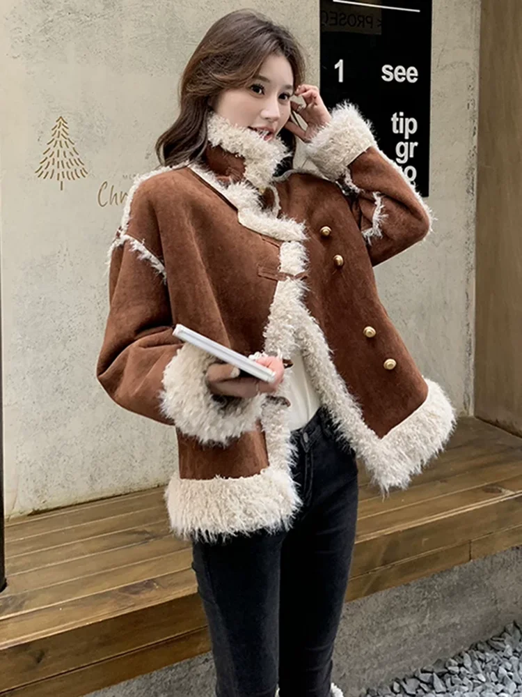 DEAT Fashion Women Lamb Wool Jackets Lapel Metal Single Breatsed Contrast Color Loose Warm Thicken Coat Autumn 2024 New 7AB6324