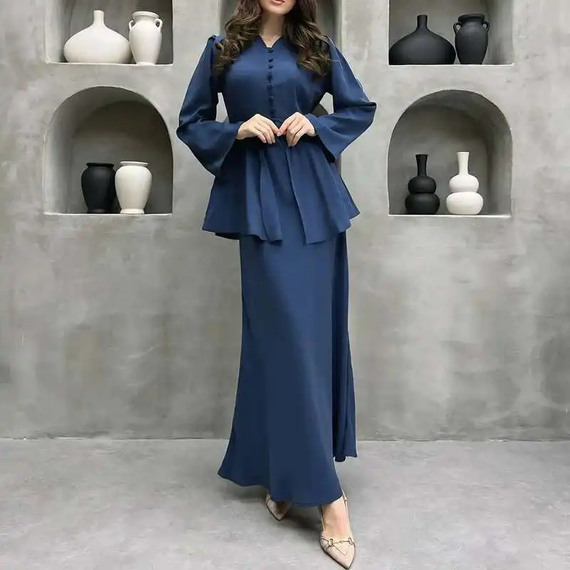 بسيطة بلون حزب الزي مزاجه أنيقة الساتان سليم قطعتين مجموعة ربيع جديد بأكمام طويلة مع فستان المرأة البدلة