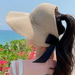 Sombrero de paja vacío para mujer, visera de playa con lazo, plegable, protección UV, ala ancha, Verano