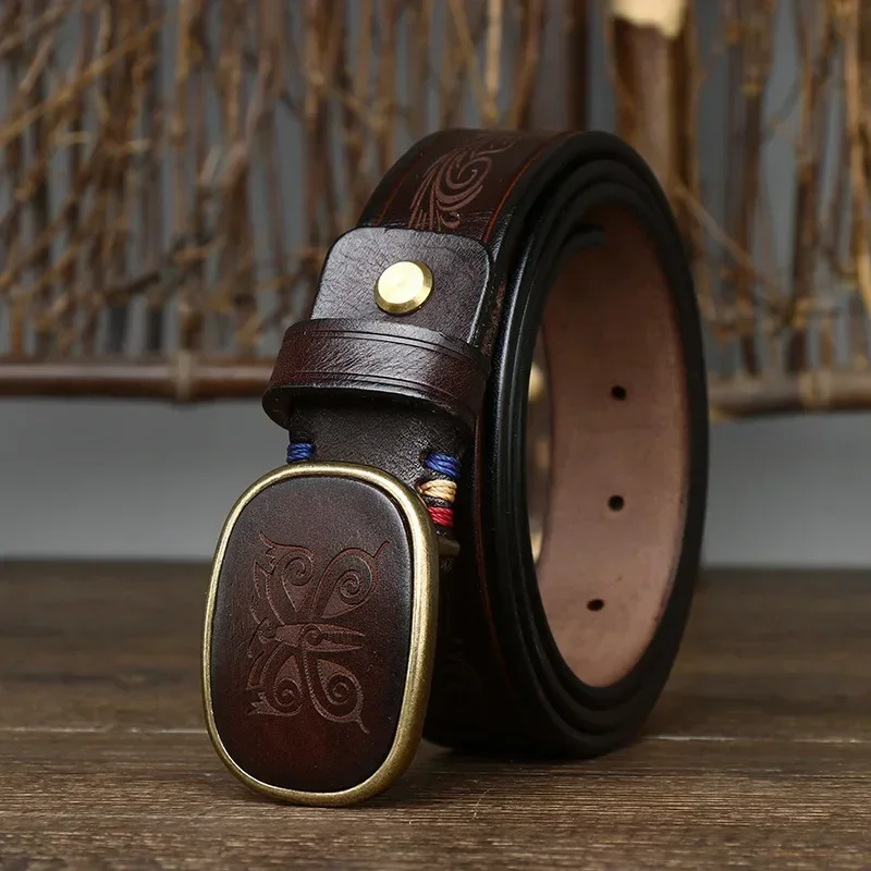3.5cm/1.38 Inch Men's Retro Leather Belt Laser Engraving Pattern Trendy Brass Buckle Genuine Leather Western Jeans Belts