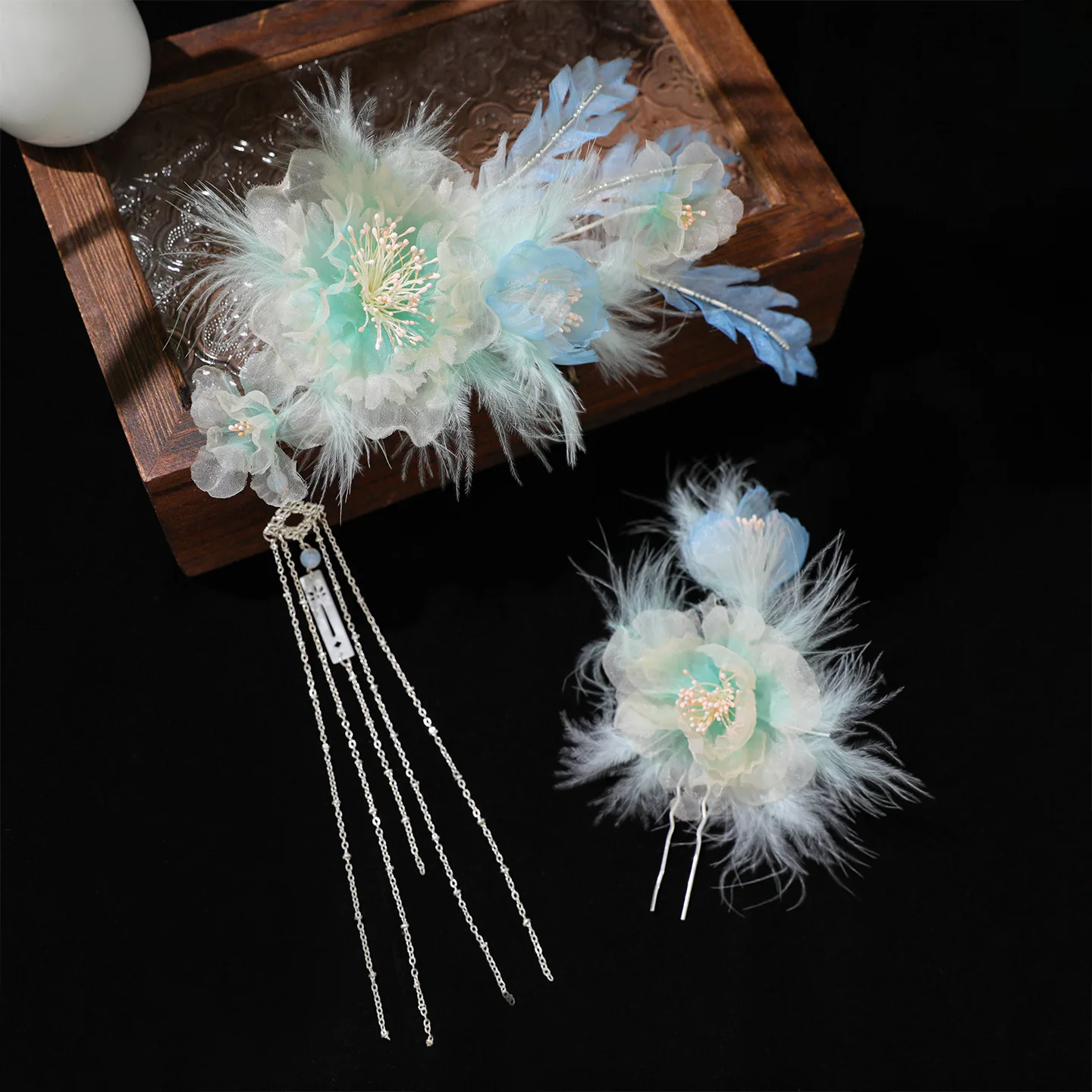 2 Pcs Chinese Tang Dynasty Style Hanfu Hair Accessories Cyan Peacock Feather Handmade Hot Stamping Organza Flower Tassel Hair