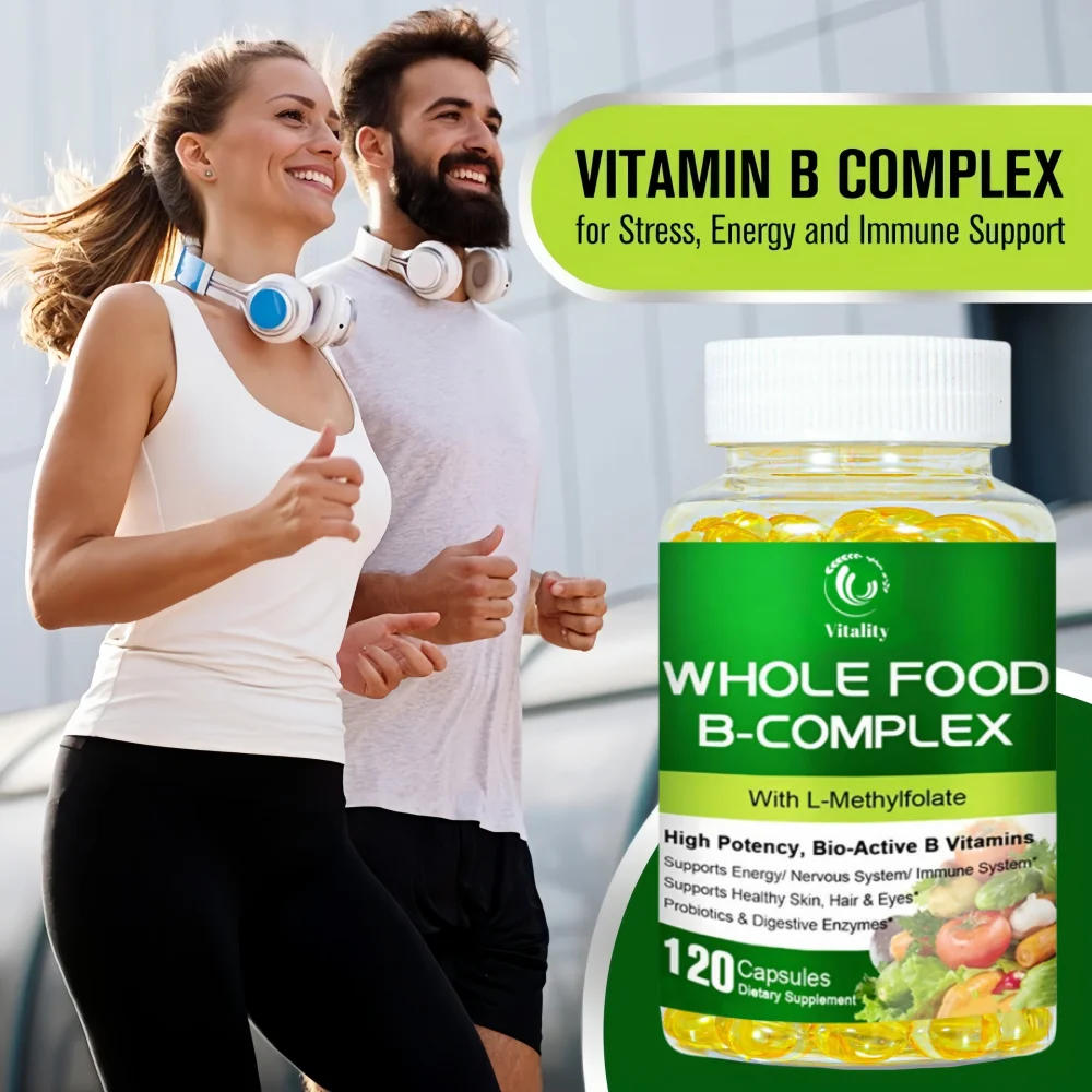 Vitamin B Complex Capsules B1, B2, B3, B5, B6, B7, B9, B12 Whole Food Supplement for Stress, Energy and Immune Support Non-GMO