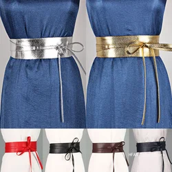 New Designer Spring Autumn Women Belt for Dress Fashion Metallic Color Soft Faux Leather Wide Belt Self Tie Wrap Waist Dress