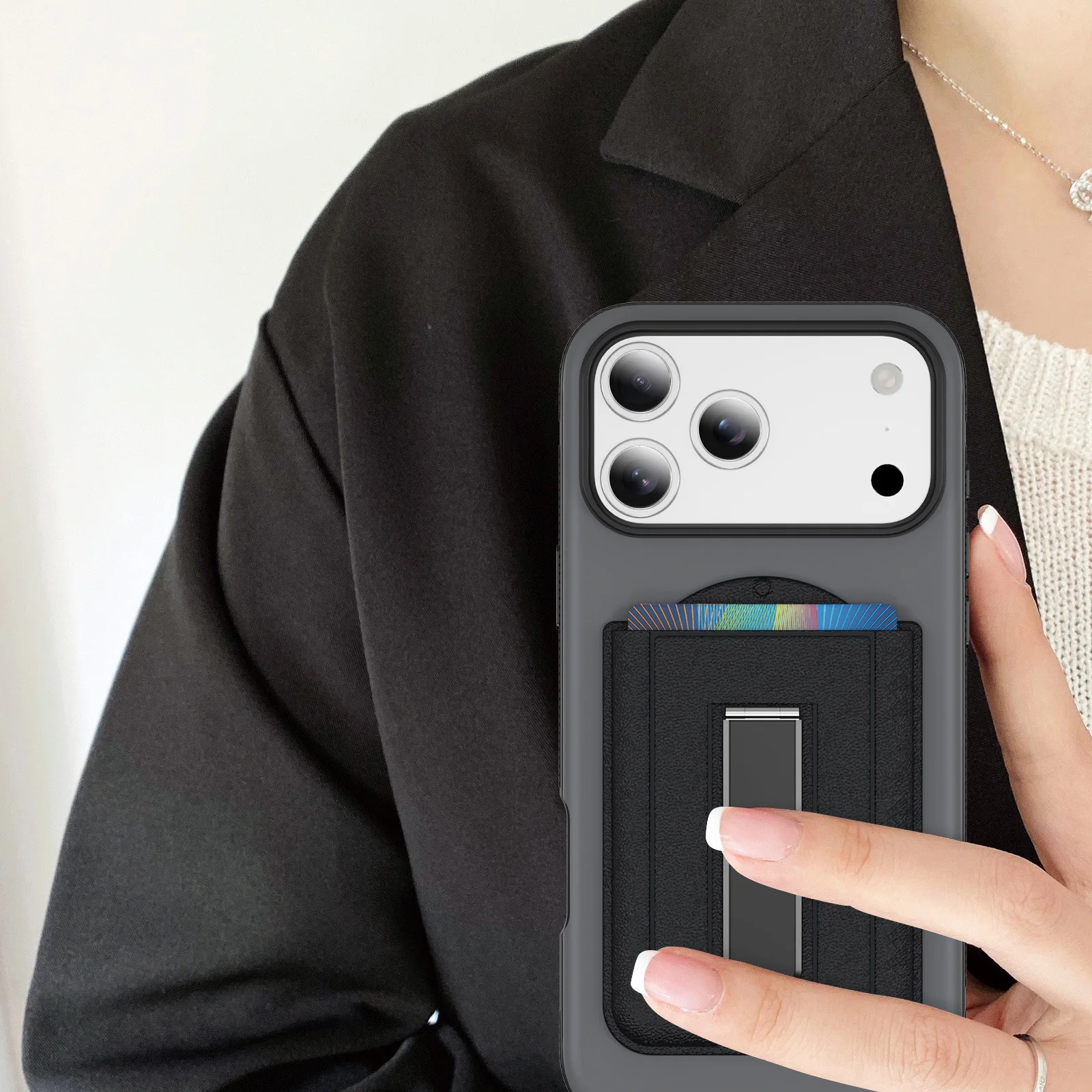 Starker Magnetischer Kartenhalter aus Leder für Magsafe iPhone Samsung Xiaomi Universelle ID-Kartenhülle mit Verstellbarem Ständer und Schlitzen – Detail 6