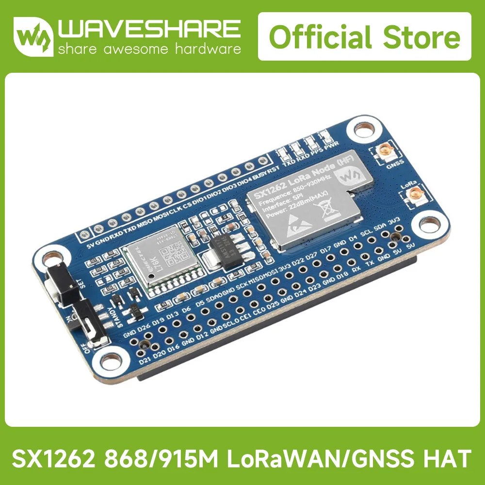 Плата расширения модуля LoRaWAN Waveshare SX1262 с магнитной антенной CB, опции для частотного диапазона GNSS для Raspberry Pi