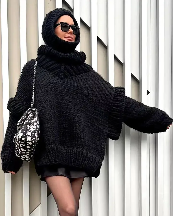 Solid Knit Turtlrneck Double Lantern Sleeve Women Pullover Thick Warm Oversized Loose Top Sweater 2023 Fall Winter Chic Knitwear