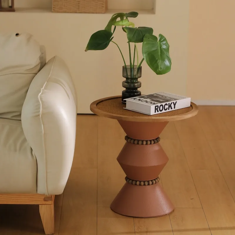 Creative Coffee Table with Roman Column Woven Rattan Round Side Table for Living Room Versatile Bedside Tables Unique Home Decor