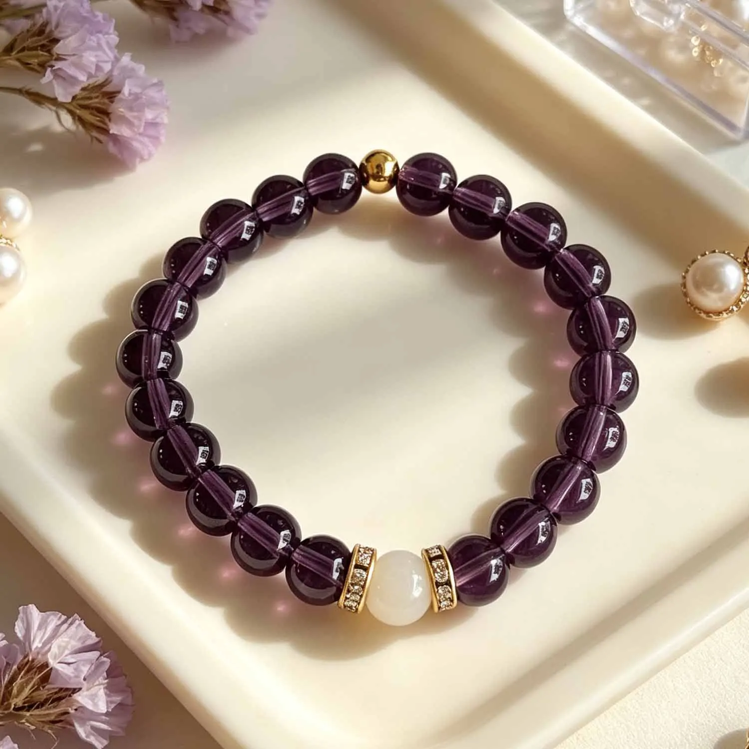 Fashion Wealth Lucky Fortune Glass Beaded Bracelet Vintage Purple Elastic Wristband Jewelry Birthday Present