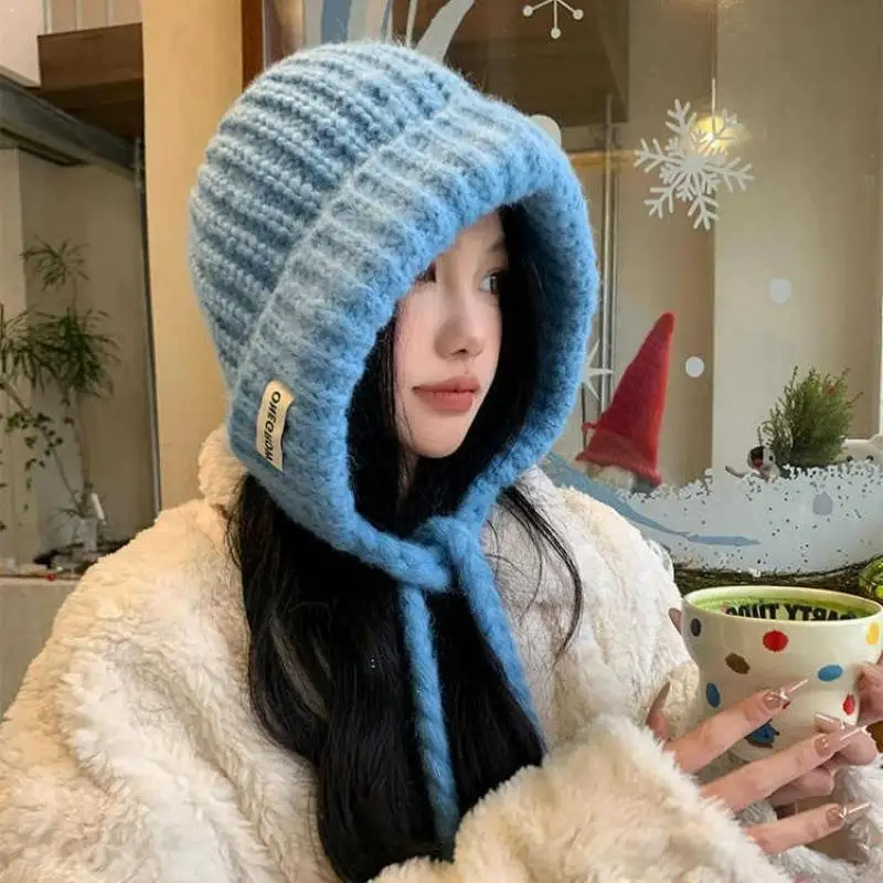 Women Winter Knitted Beanie Hat Warm Thick Ear Protection Bonnet Cute Lace Up Cap Casual Solid Color Outdoor Ski Skullies