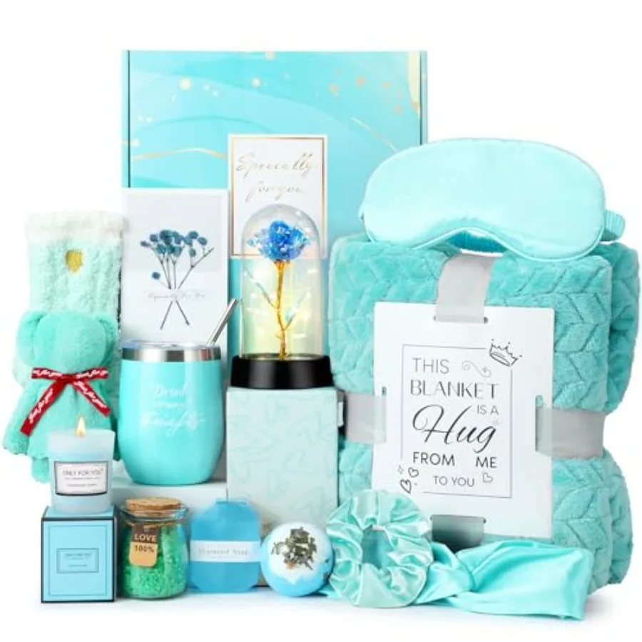

Birthday Gifts for Women Gift Baskets for Women Relaxing Spa Gifts Care Package with Luxury Flannel Blanket Light-Up Rose Flowe