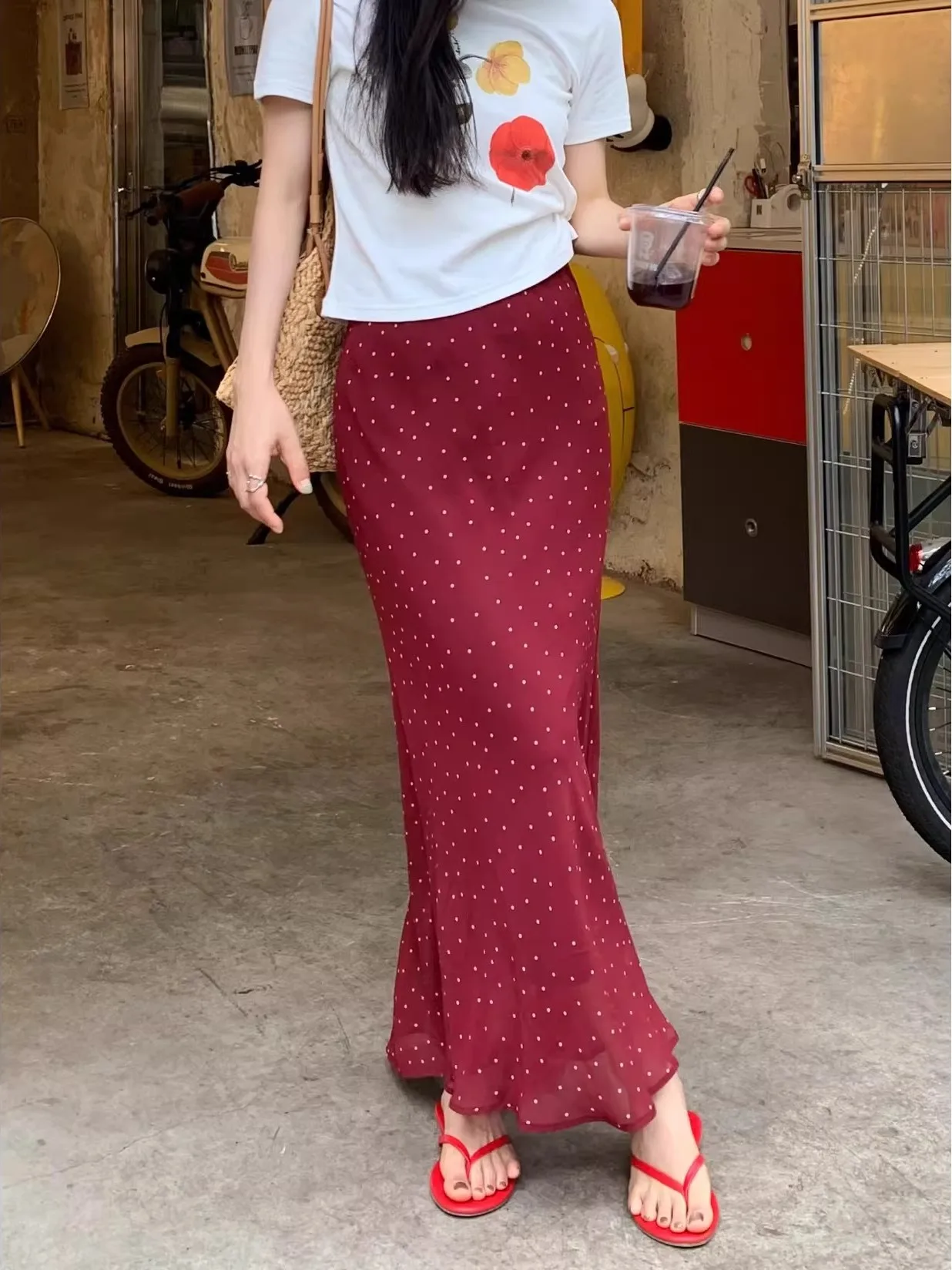 Black Polka Dot Chiffon Wrap around High Waist Half Body Skirt Women's Slimming Fashionable Summer New Style Long Fish Tail S...