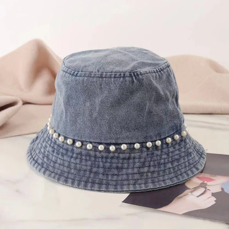 New Korean Denim Style Bucket Cap With Pearl Retor Fisherman Hat For Women Spring Summer Outdoor Stylish Outfit Elegant Sun Hat