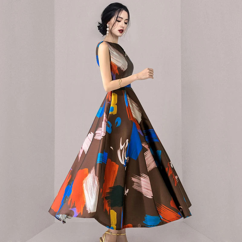 2023 New Fashion Summer New Dresses Korean Retro Sleeveless Printing Vestidos Slim Big Swing O Neck Long Party Casual Dress