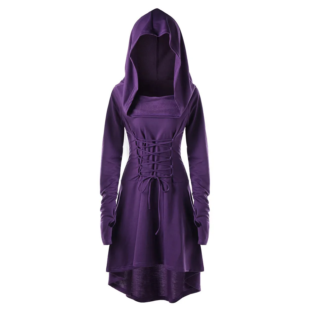 Hooded Winter Dresses Gothic Lace Up Slim Waist Belted Bandage Long Sleeve Hooded Vintage Slinky Bodycon Dress Cosplay Costumes