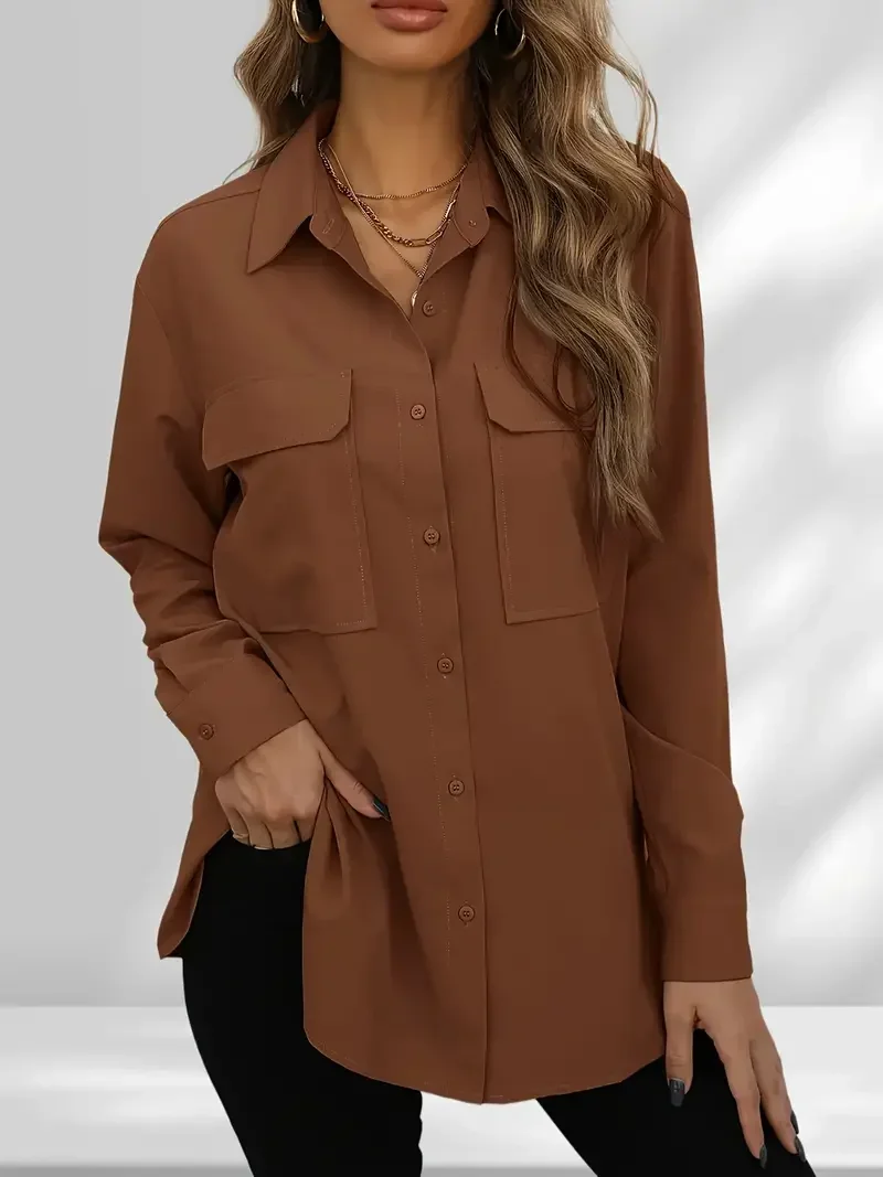 Women\'s 1Xl-5XL Plus Size Fashionable Casual Blouse Ladies Solid Button Up Long Sleeve Turn Down Collar Blouse with Pockets