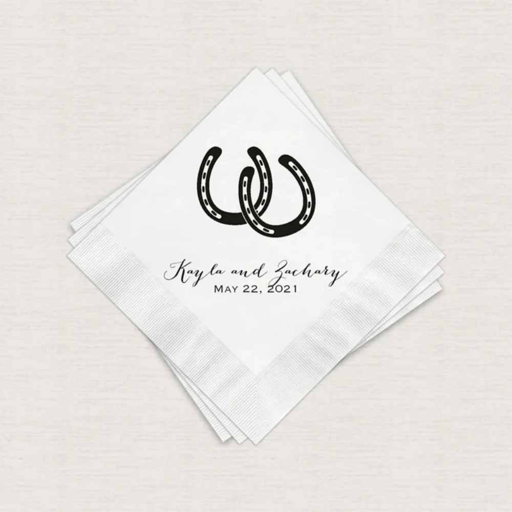 

50PCS Rustic Country Cocktail Wedding , Horseshoes Personalized Beverage Napkins, Print Birthday Dinner Napkin