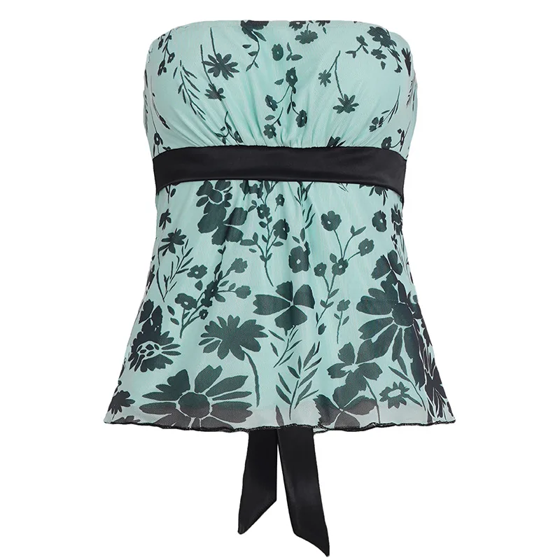Small Fresh Retro Style Floral Print Contrasting Color Bow Tie Strap Strapless Vacation Style Fashionable Mesh Top