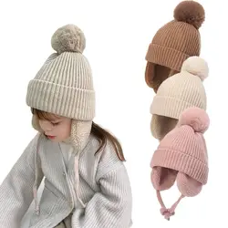 Gorros de lana de punto para niños, gorro cálido a prueba de viento con orejeras, forro de felpa lindo, gorro de Cachemira para niños y niñas de 2 a 8 años, Invierno