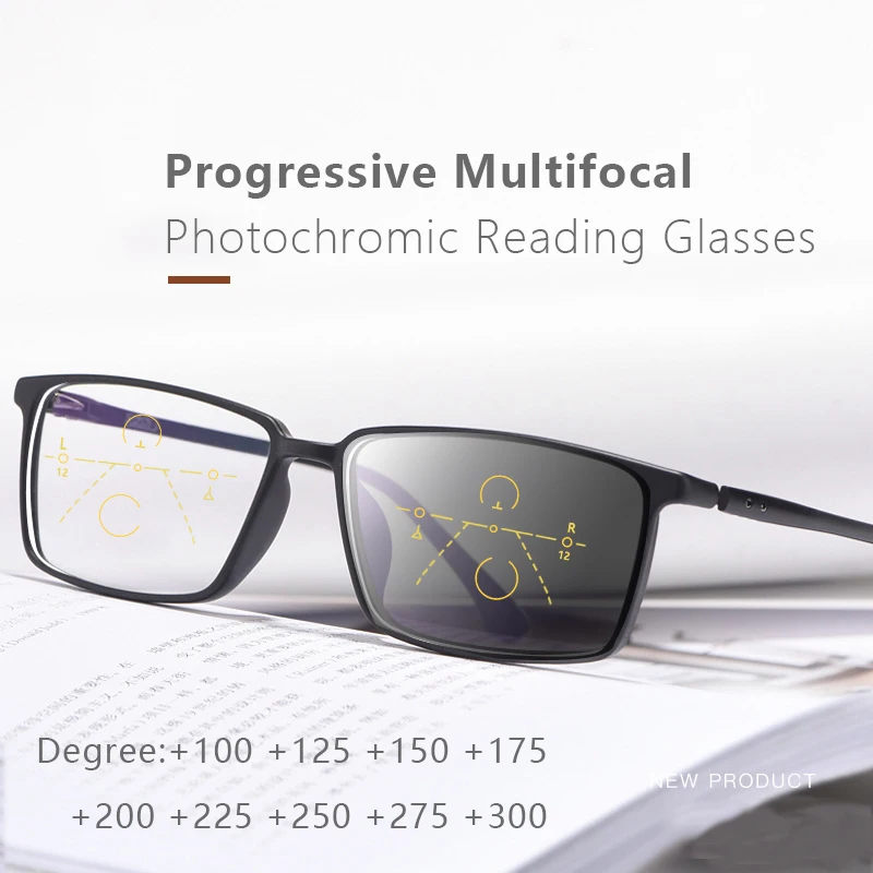 Square Frame Progressive Photochromic Reading Glasses Men High Quality TR90 Hyperopia Glasses Multifocal Transition Eyeglass 225