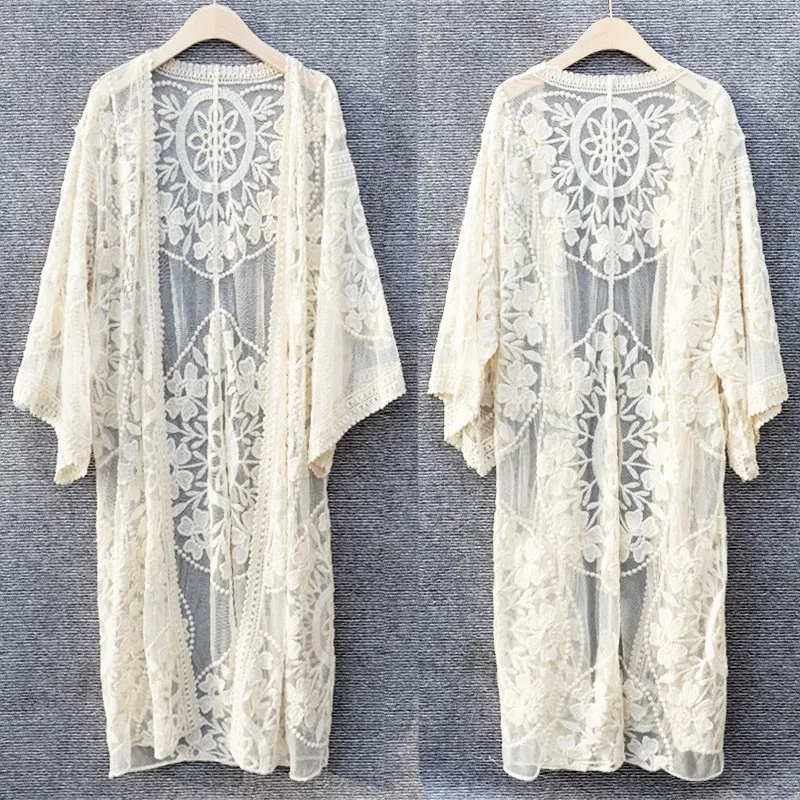 Copricostume da spiaggia in pizzo Cardigan Capispalla Bikini Scava fuori Protezione solare awl Jaet Capispalla per costume da bagno di media lunghezza allentato