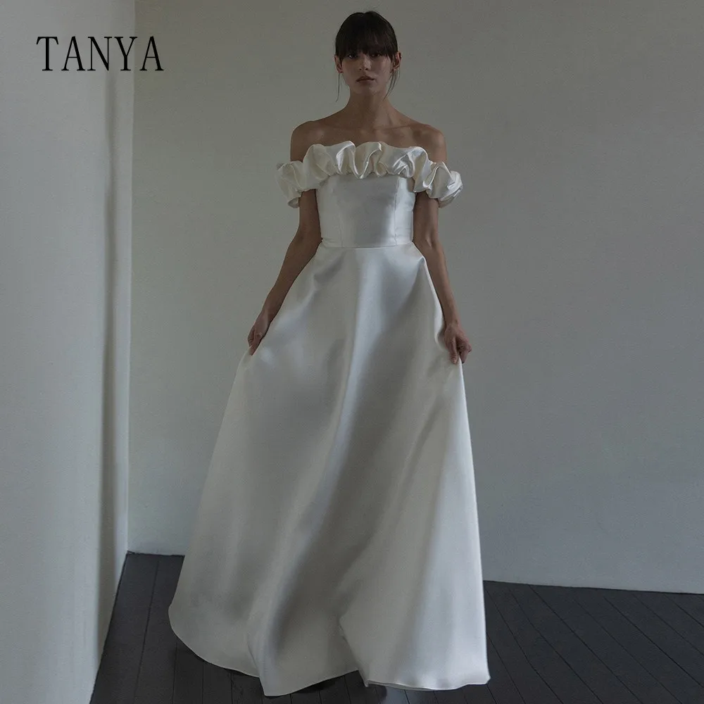 Vestido de novia sin tirantes de línea A personalizado con chal desmontable vestido de novia largo hasta el suelo con cordones de satén Simple TSWD196