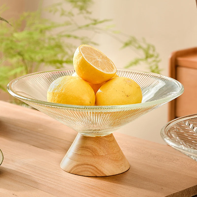 

Simple Striped Glass Fruit Plate Top Transparent Candy Sundries Storage Tray Rubber Wood Base Snack Fruit Plate Home Decoration