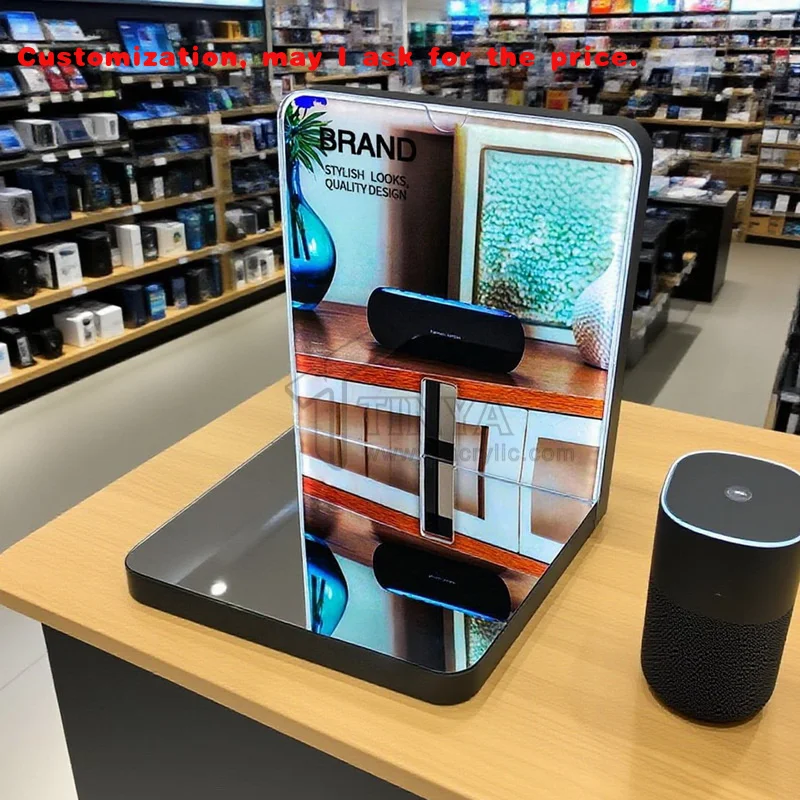 custom.Illuminated Acrylic Speaker Display Stand with Replaceable Posters & Mirror Surface