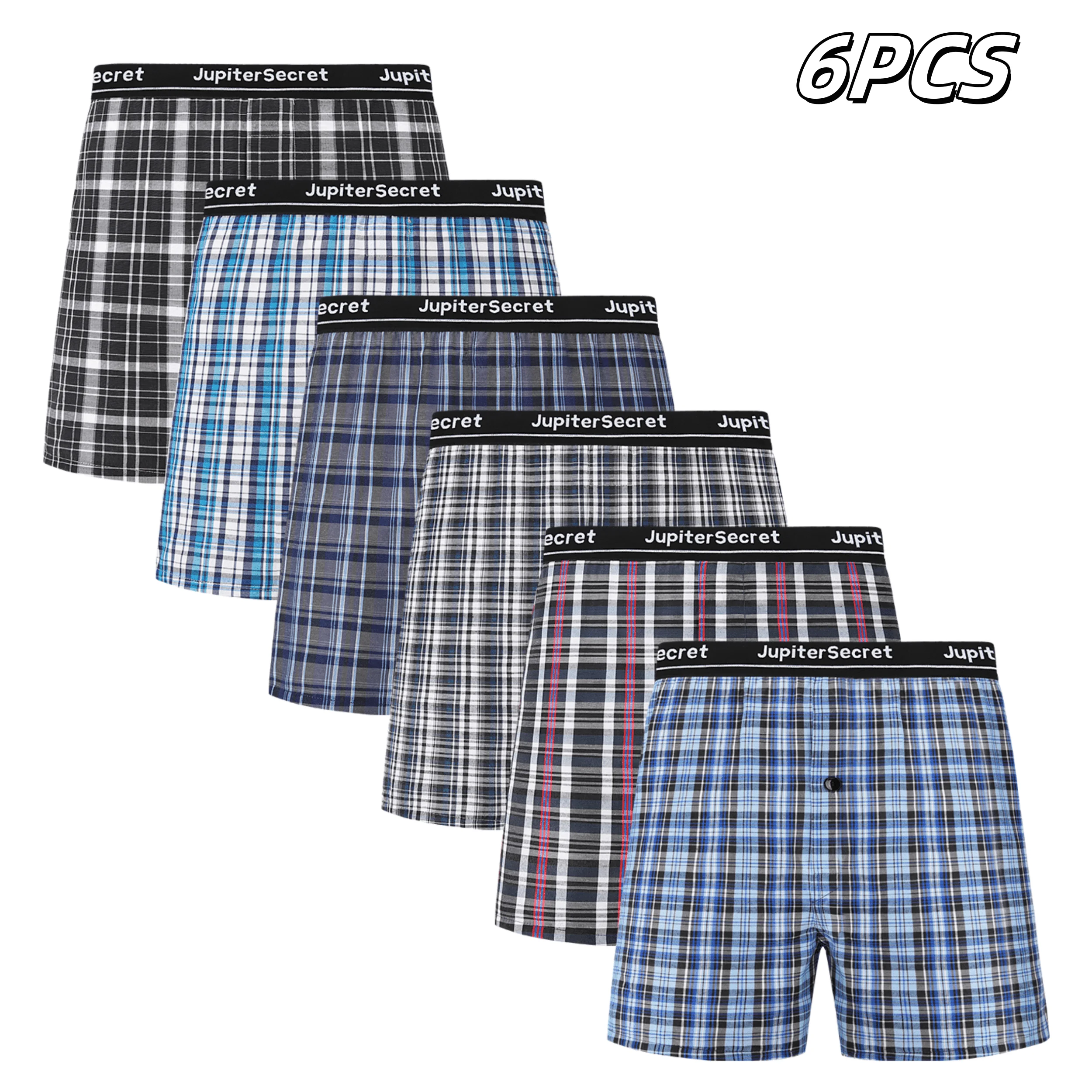 

JupiterSecret 6pcs Men's Underwear Woven Boxer Shorts with Elastic Waistband and Button Random Color