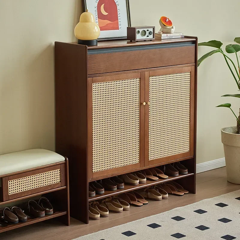HT solid wood shoe cabinet multi-layer rattan home entrance indoor entrance corridor shoe cabinet