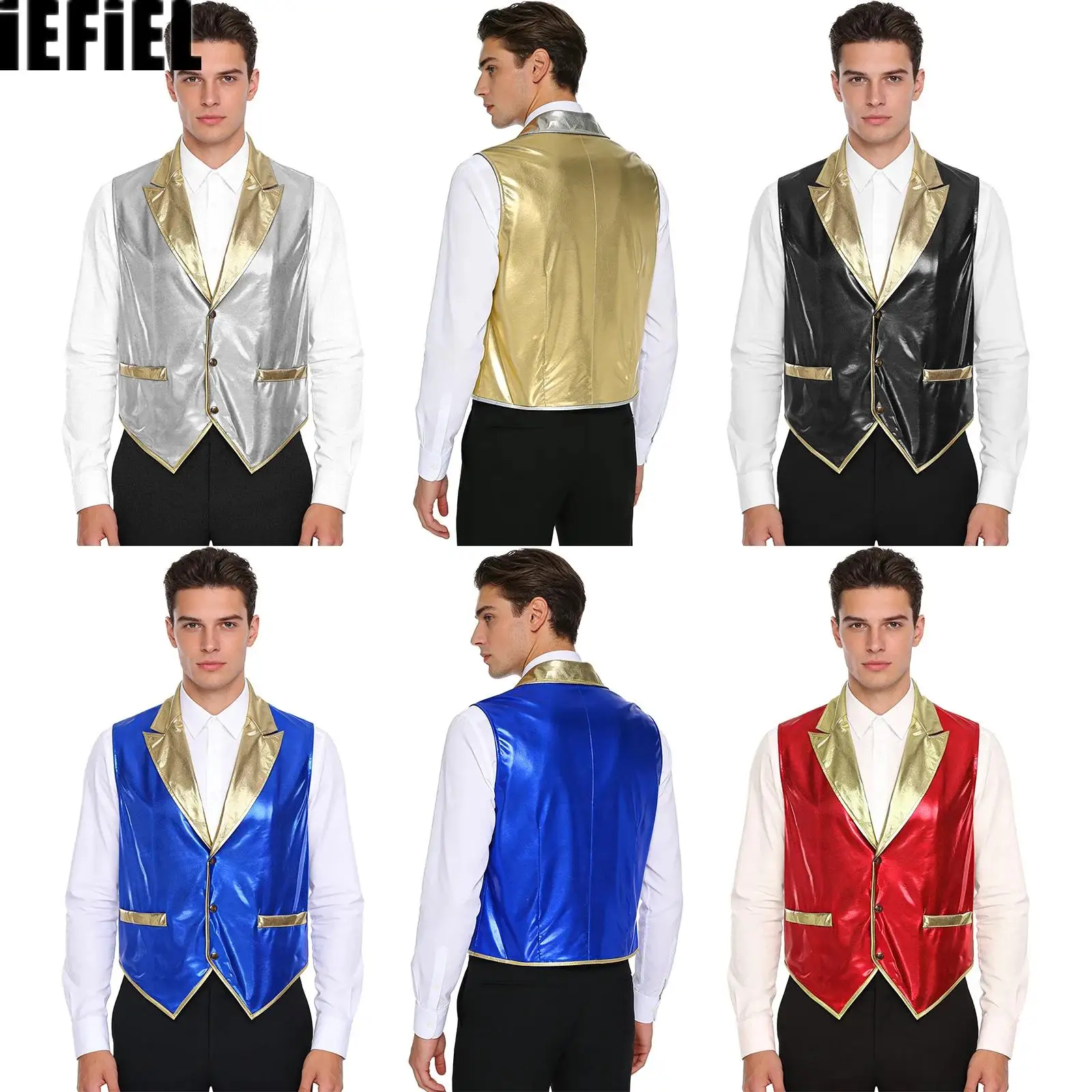 

Mens Metallic Shiny Waistcoat Top Lapel Button-down Iridescent Patchwork Pointed Hem Vest Tank for Arab Prince Cosplay Cocktails