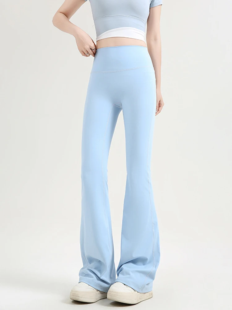 

Light Blue arkskin Pants High Waist Yoga Sports Trousers Thin Spring Summer Bell Bot Fitn Abdomen a Long Ice Silk