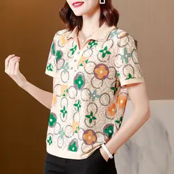 New Summer Women's Splicing Contrast Color Polo-Neck Short Sleeve Printed Pullovers Button Fashion Casual Commute Tops