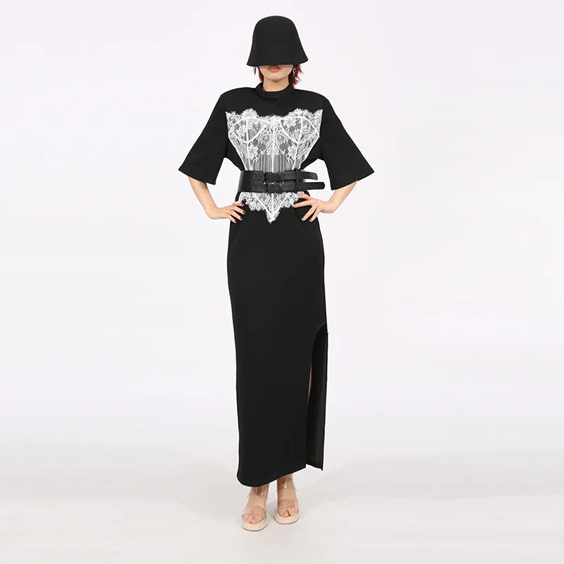 HKSH Spring Summer New Women Long Dress Short Sleeve Spliced Lace Color Block Belt Padded Shoulder Split Elegant Dresses HK16630