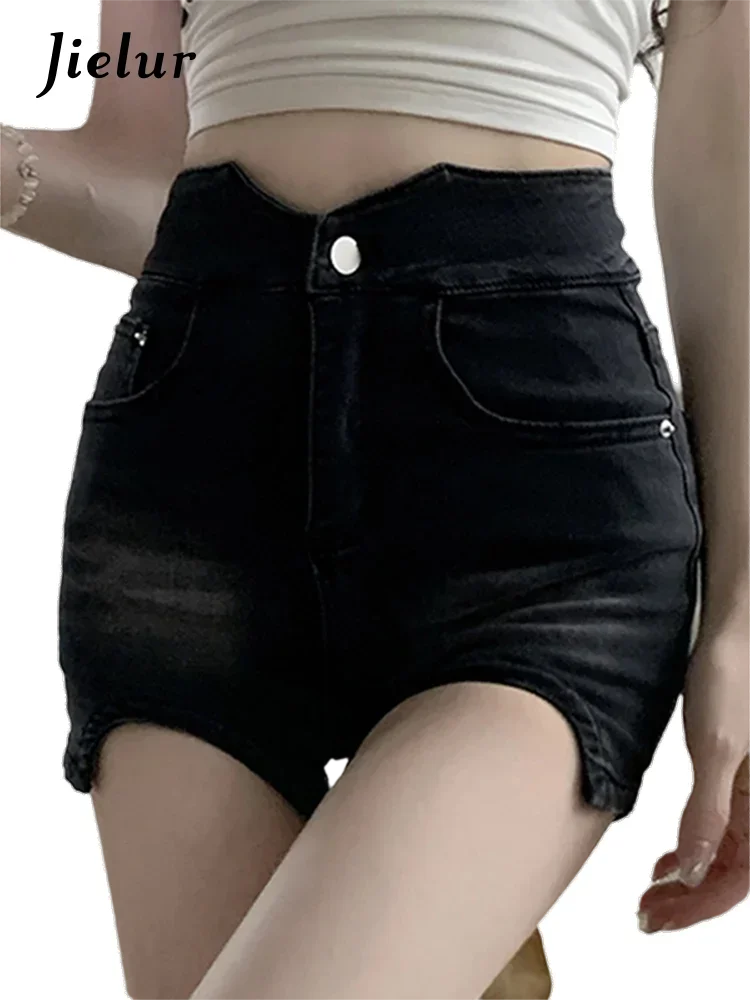 Jielur, pantalones cortos vaqueros femeninos de cintura alta Vintage de estilo americano, pantalones cortos ajustados a la cadera sexis de Color sólido para mujer, pantalones cortos elegantes de oficina para mujer